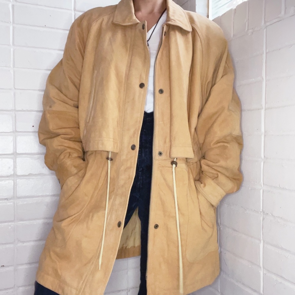 VINTAGE CHAMONIX Sand Tan Leather Layered Drawstring Waist Trench Coat